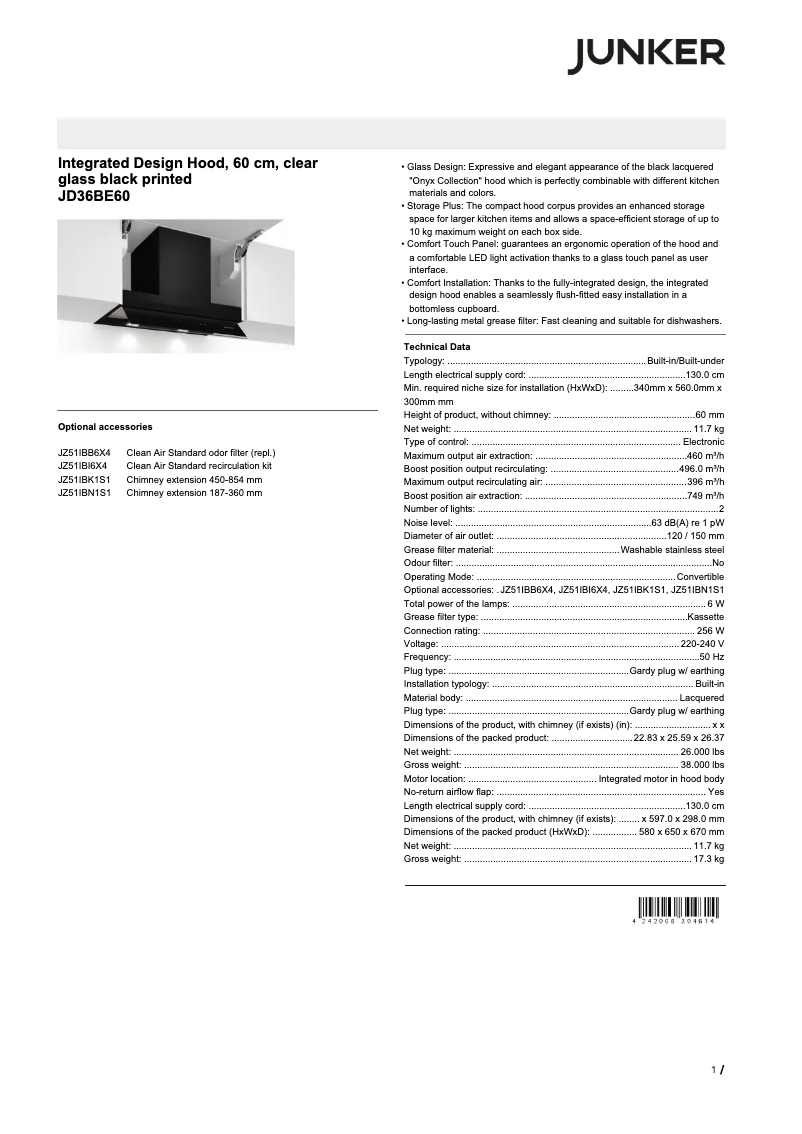 Page 1 de la notice Fiche technique Junker JD36BE60