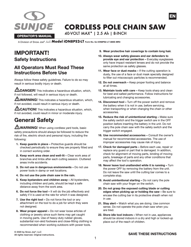 Page 1 de la notice Manuel utilisateur Sun Joe ION8PS2-LT
