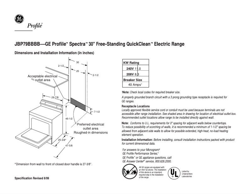 Page 1 of the manual Technical Sheet GE Profile Spectra JBP79BBBB