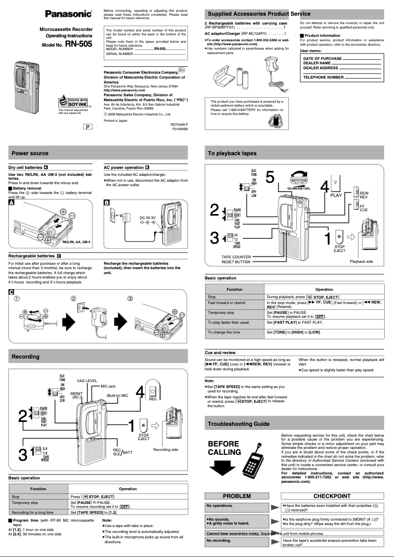 Page n°1 - Manuel utilisateur Panasonic RN-505