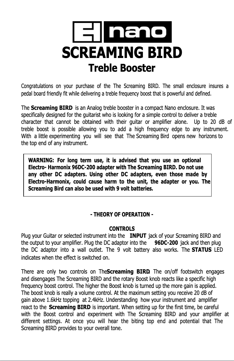 Page 1 de la notice Manuel utilisateur Electro Harmonix Screaming Bird