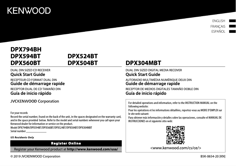 Page n°1 - Guide de démarrage rapide Kenwood DPX524BT