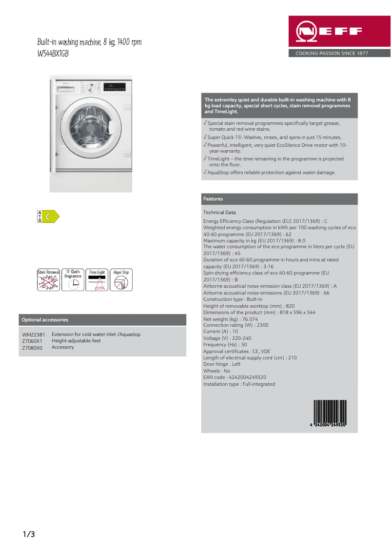 Page n°1 - Fiche technique Neff W544BX1GB
