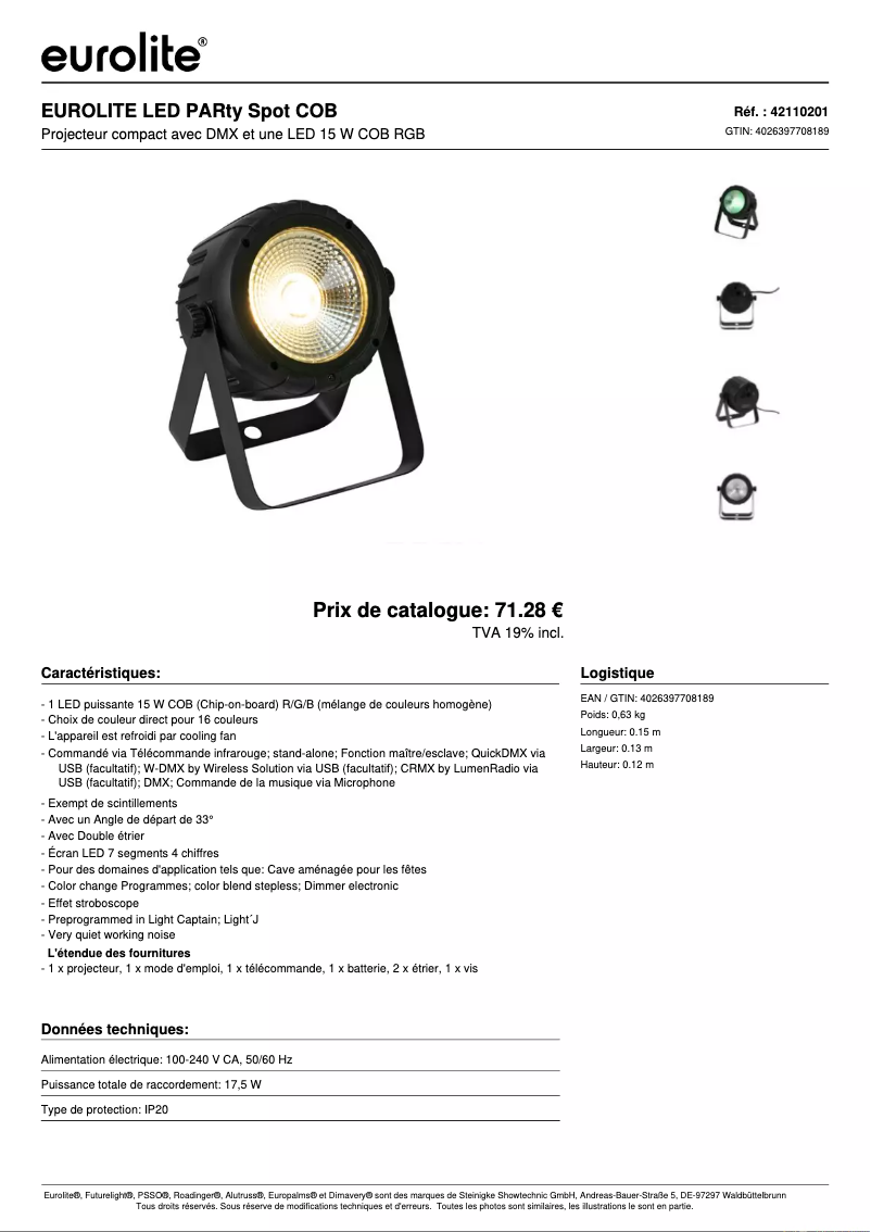 Page 1 of the manual Technical Sheet Eurolite LED PARty Spot COB