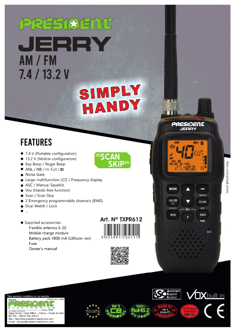 Page 1 de la notice Fiche technique President JERRY