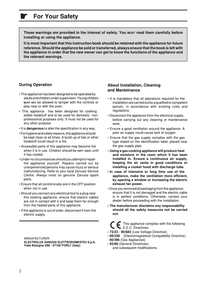 Page 1 de la notice Manuel utilisateur Zanussi ZGL648IX