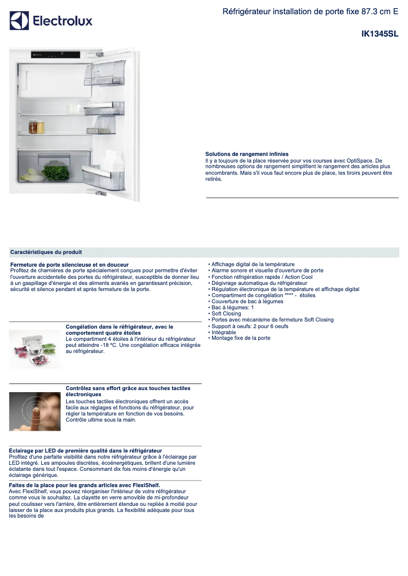 Page 1 de la notice Fiche technique Electrolux IK1345SL