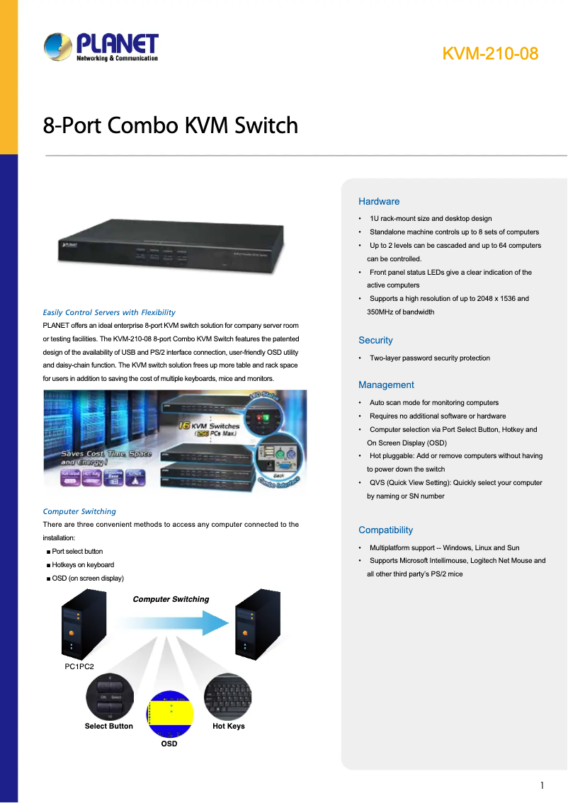 Page 1 de la notice Fiche technique Planet KVM-210-08
