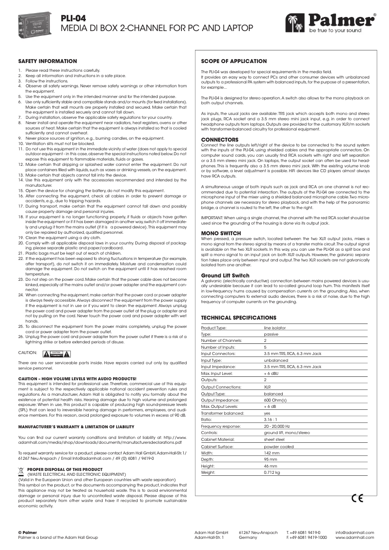 Page 1 de la notice Fiche technique Palmer PLI 04