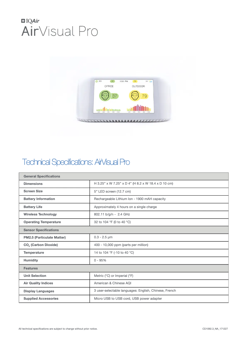 Page 1 de la notice Fiche technique IQAir AirVisual Pro