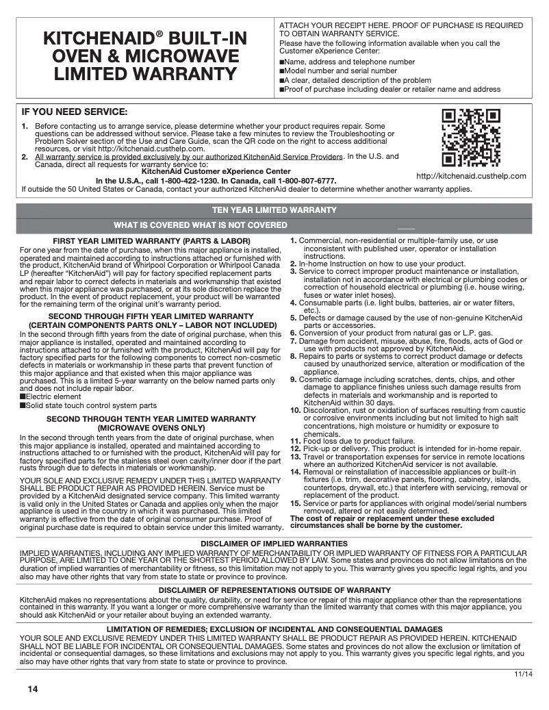 Page n°1 - Informations de garantie KitchenAid KODC304EBL