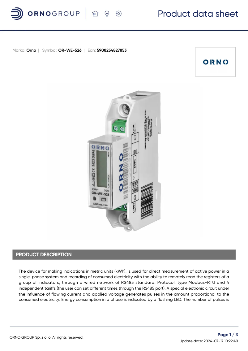 Page 1 de la notice Fiche technique ORNO OR-WE-526