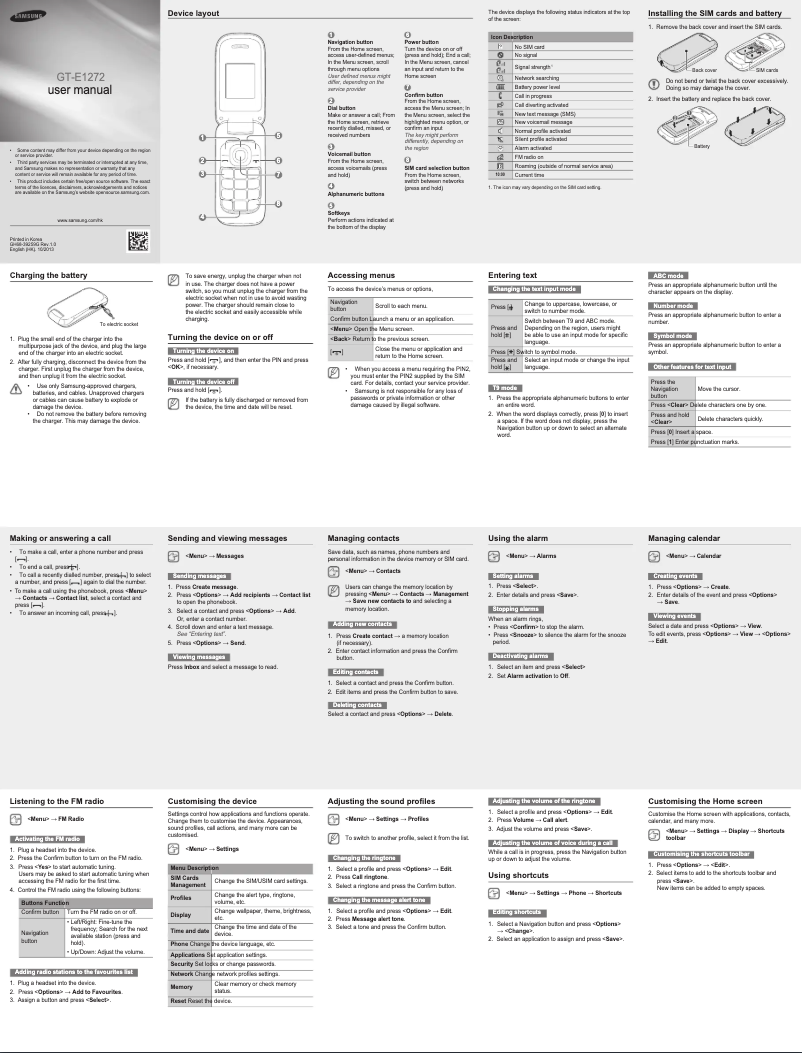 Page 1 de la notice Manuel utilisateur Samsung E1272