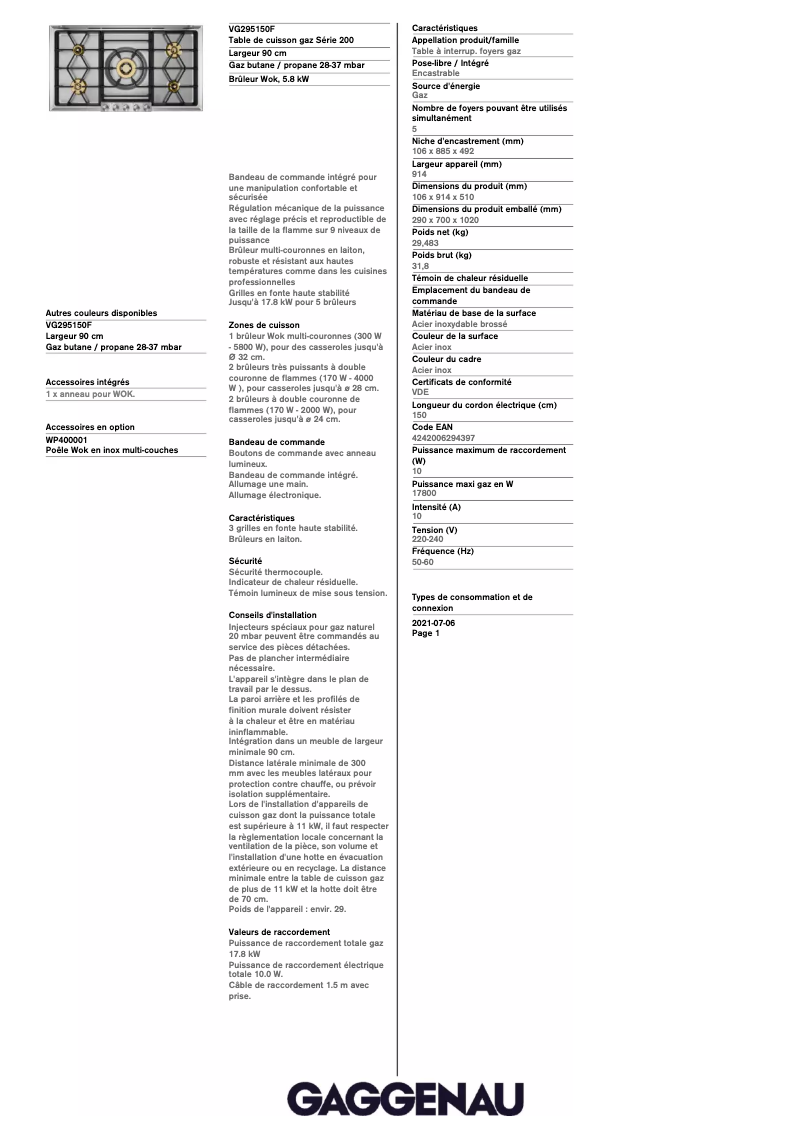 Page 1 de la notice Fiche technique Gaggenau VG295150F