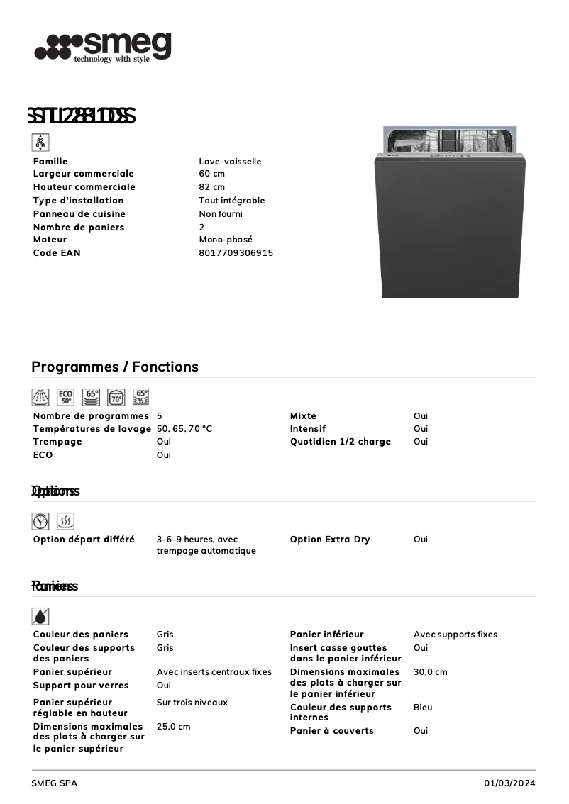 Page 1 de la notice Fiche technique Smeg STL281DS