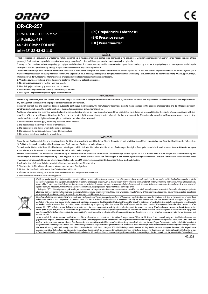 Image de la première page du manuel de l'appareil OR-CR-257