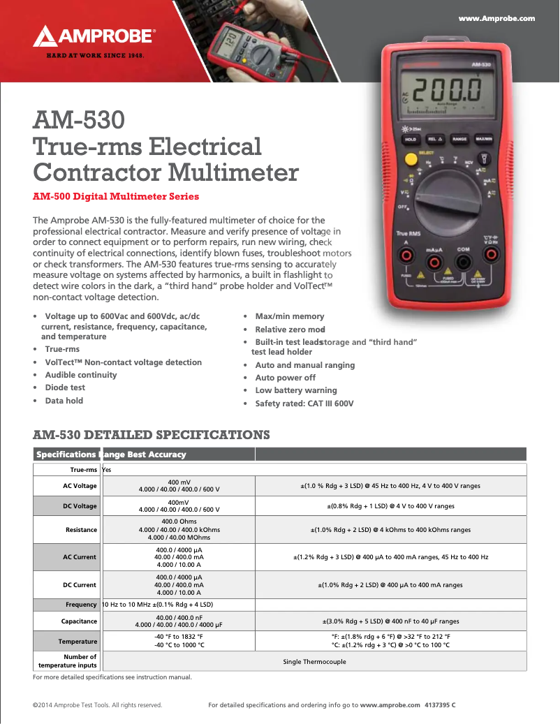 Página 1 del manual Ficha técnica Amprobe AM-530
