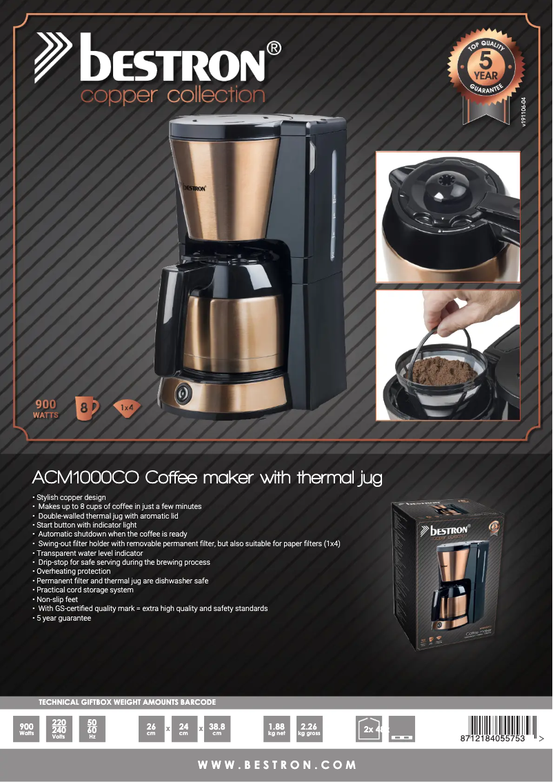 Page 1 de la notice Fiche technique Bestron ACM1000CO