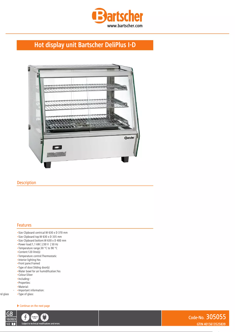 Page n°1 - Fiche technique Bartscher 305055