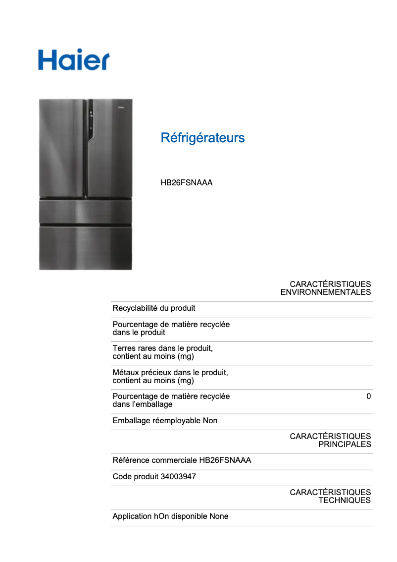 Page n°1 - Label énergétique Haier HB26FSNAAA