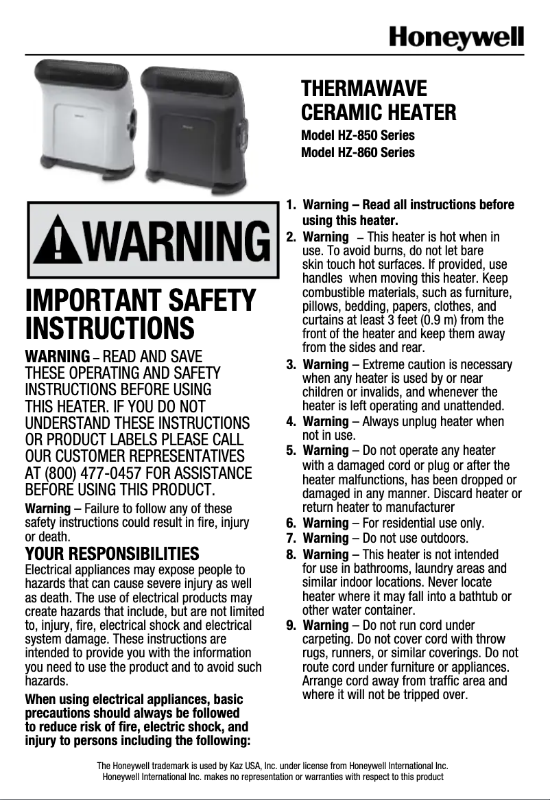 Page n°1 - Manuel utilisateur Honeywell ThermaWave HZ-850