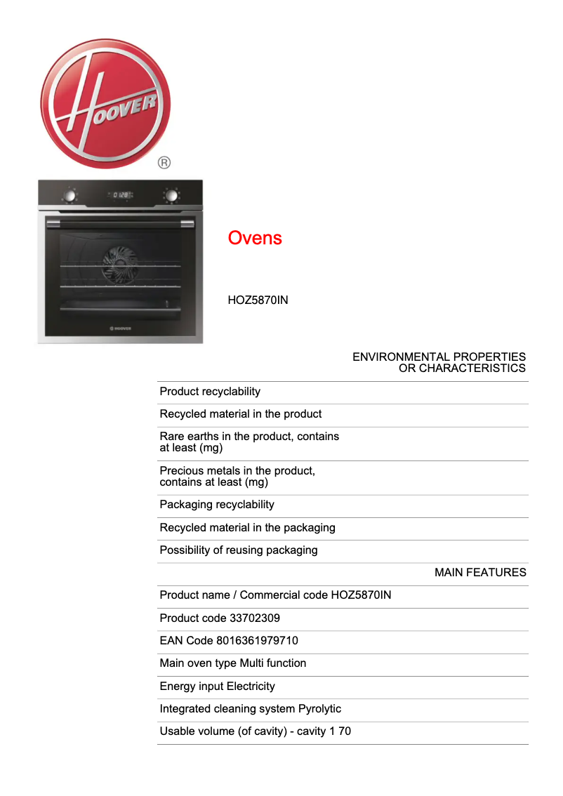 Página 1 del manual Ficha técnica Hoover H-OVEN 500 HOZ5870IN