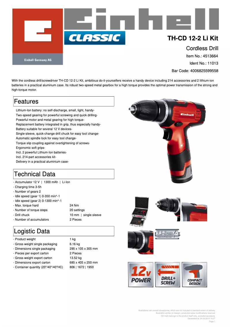 Page 1 de la notice Fiche technique Einhell TH-CD 12-2 Li Kit