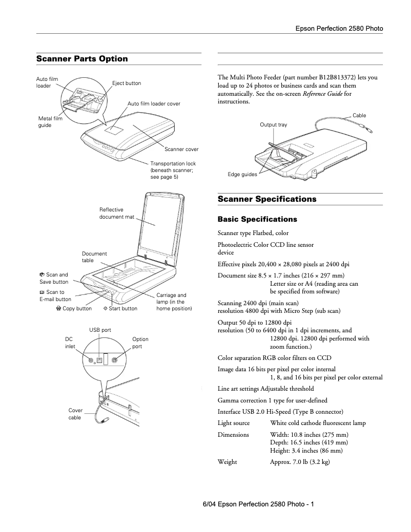Page n°1 - Fiche technique Epson Perfection 2580 Photo