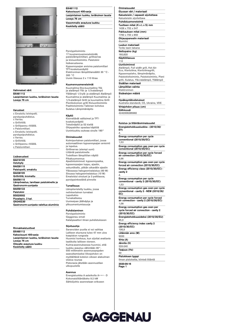 Página 1 del manual Etiqueta energética Gaggenau BX481112