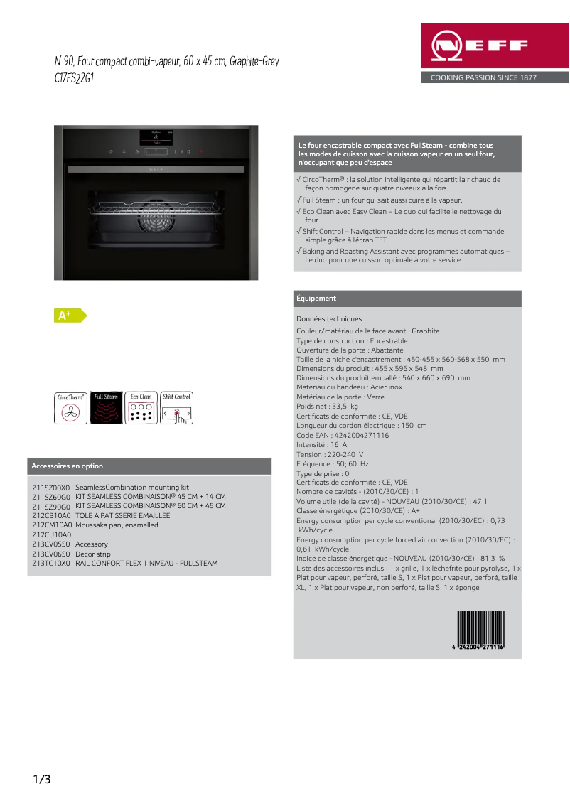 Page 1 de la notice Fiche technique Neff C17FS22G1