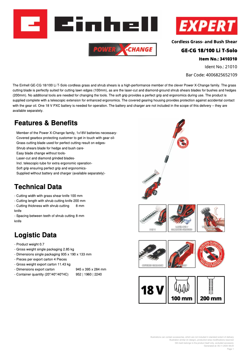 Página 1 del manual Ficha técnica Einhell GE-CG 18/100 Li T-Solo