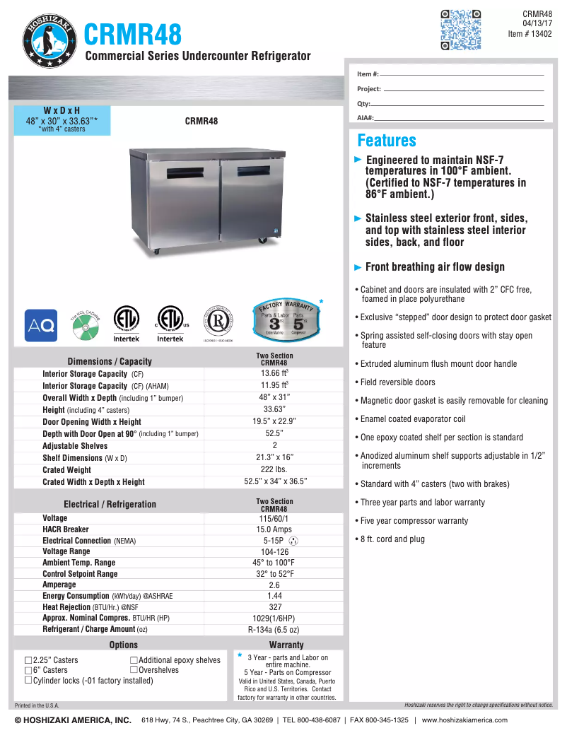 Image de la première page du manuel de l'appareil Commercial CRMR48
