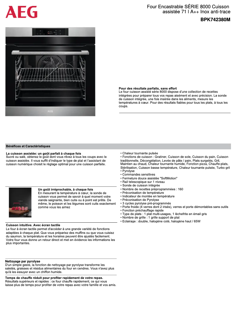 Page 1 de la notice Fiche technique AEG BPK742380M