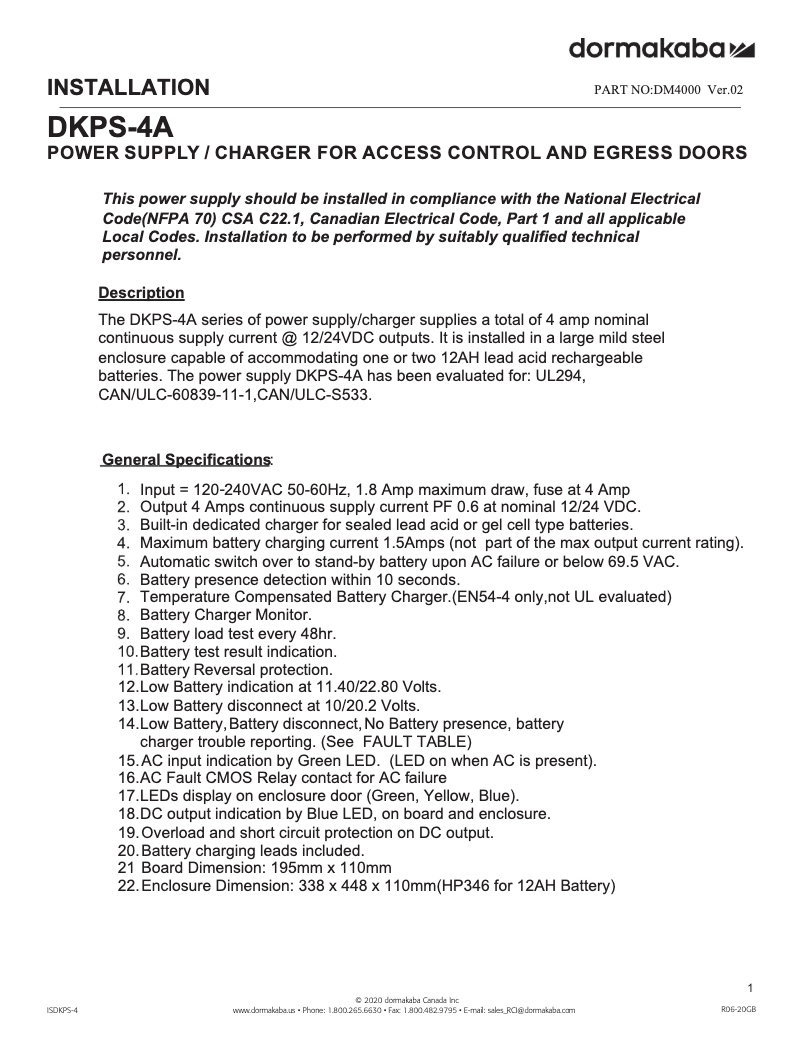 Page 1 de la notice Manuel utilisateur Dormakaba DKPS-4A