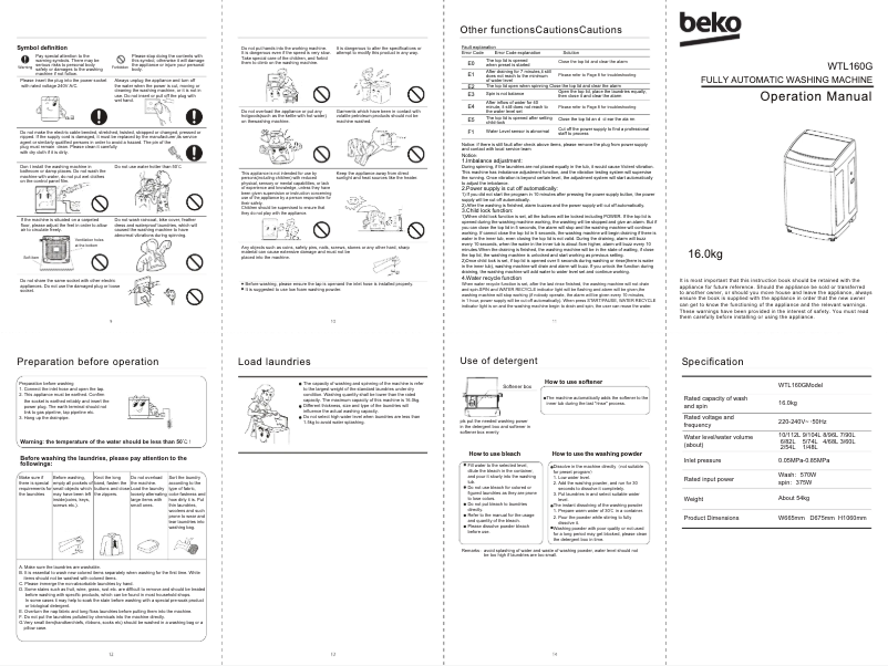 Page 1 de la notice Manuel utilisateur Beko WTL160G