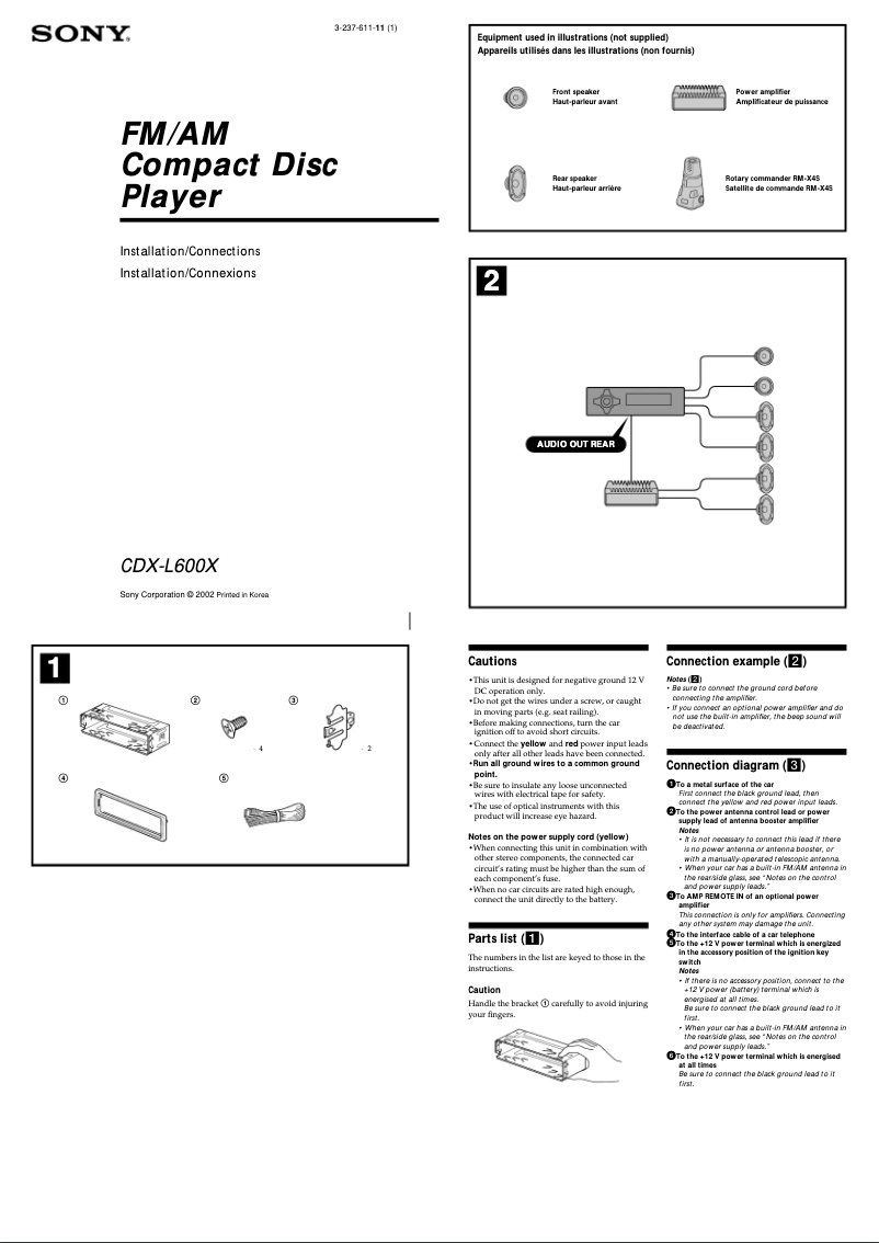 Page 1 de la notice Guide d'installation Sony CDX-L600X