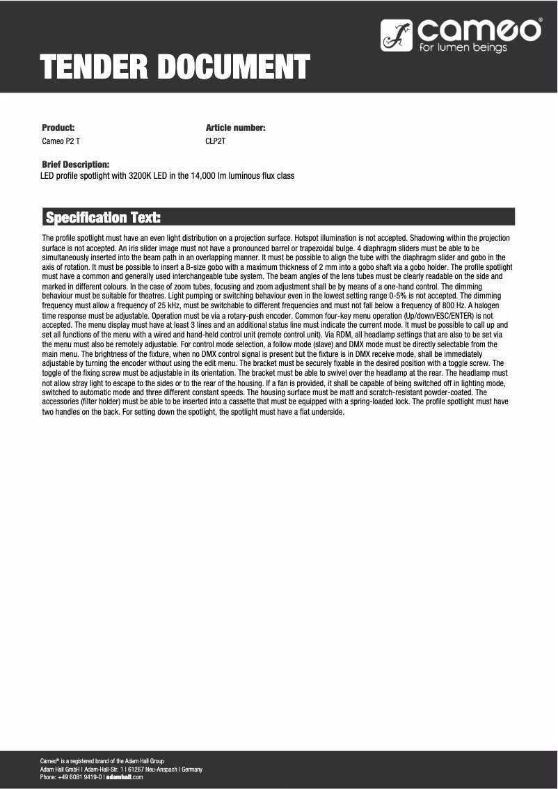 Página 1 del manual Ficha técnica Cameo P2 T