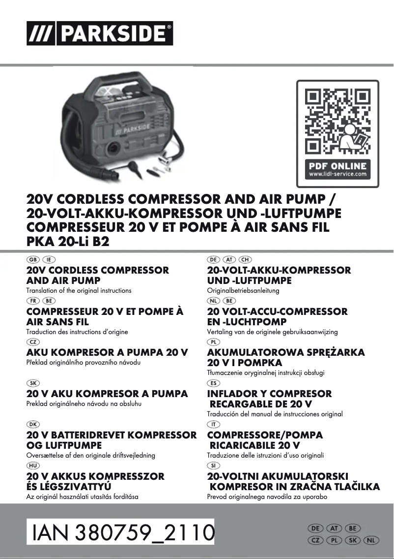 Page n°1 - Manuel utilisateur Parkside PKA 20-Li A1
