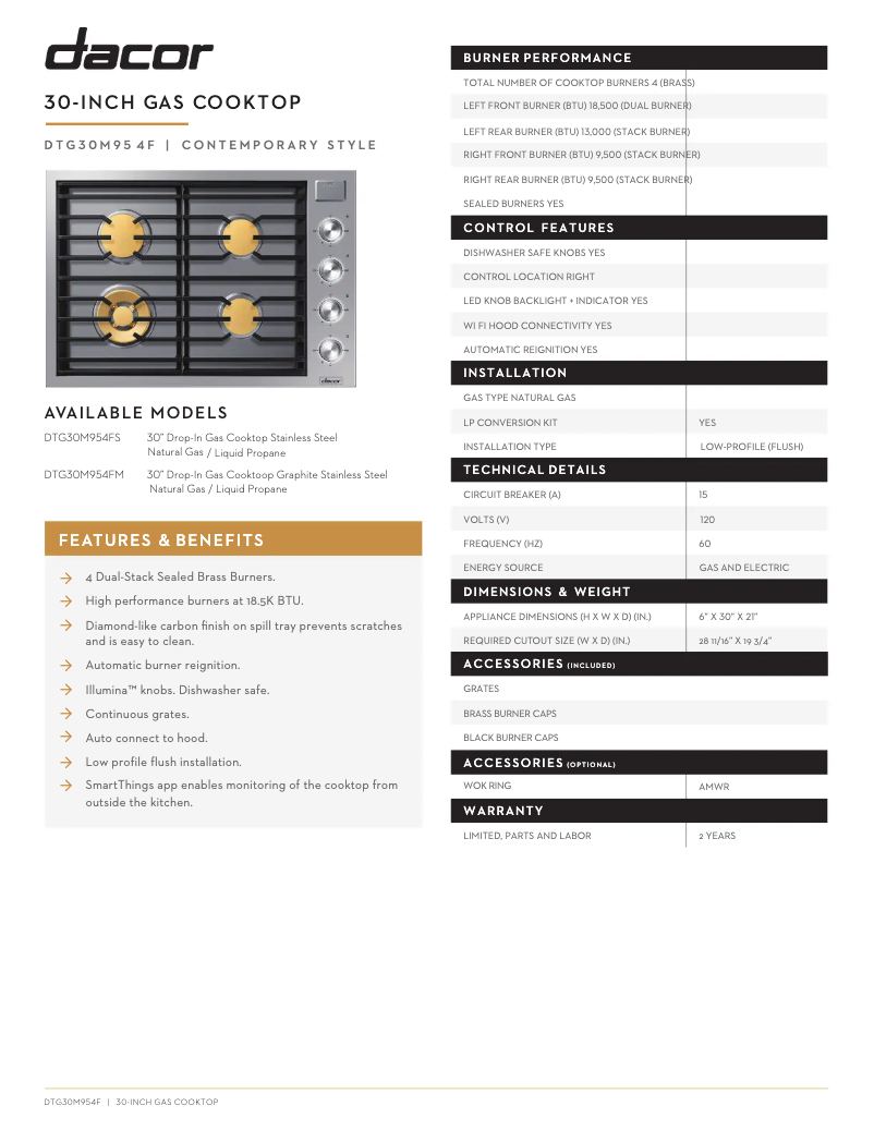 Page 1 de la notice Fiche technique Dacor DTG30M954FS