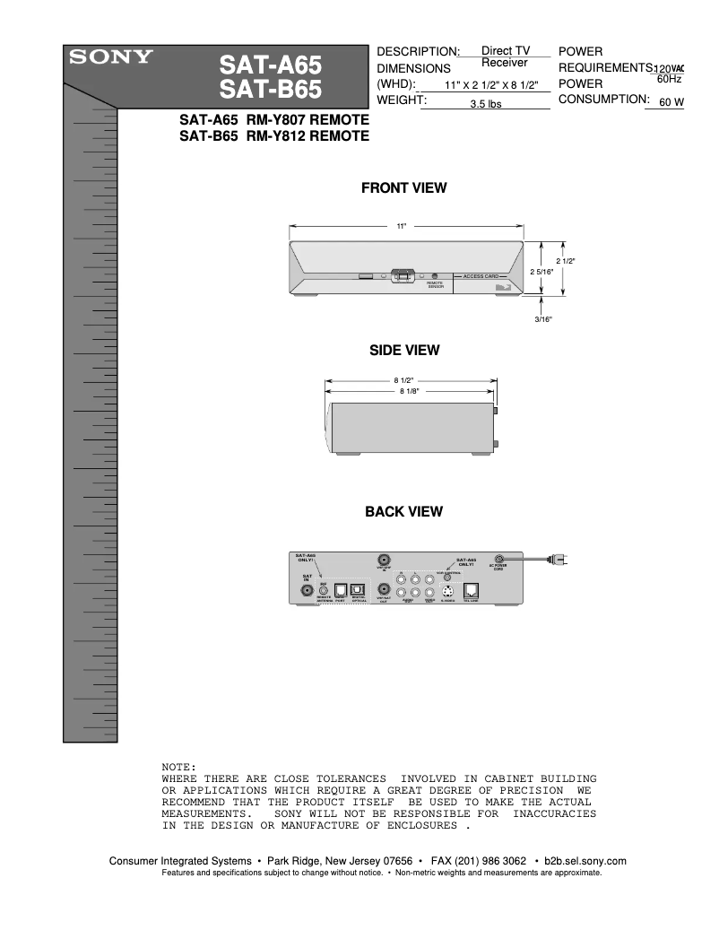 Page n°1 - Guide d'installation Sony SAT-A65