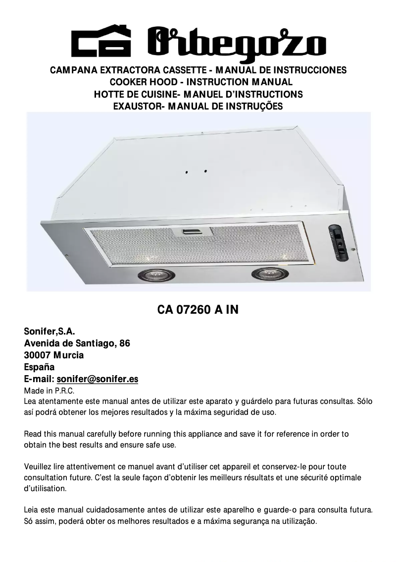 Page 1 de la notice Manuel utilisateur Orbegozo CA 07260 A IN