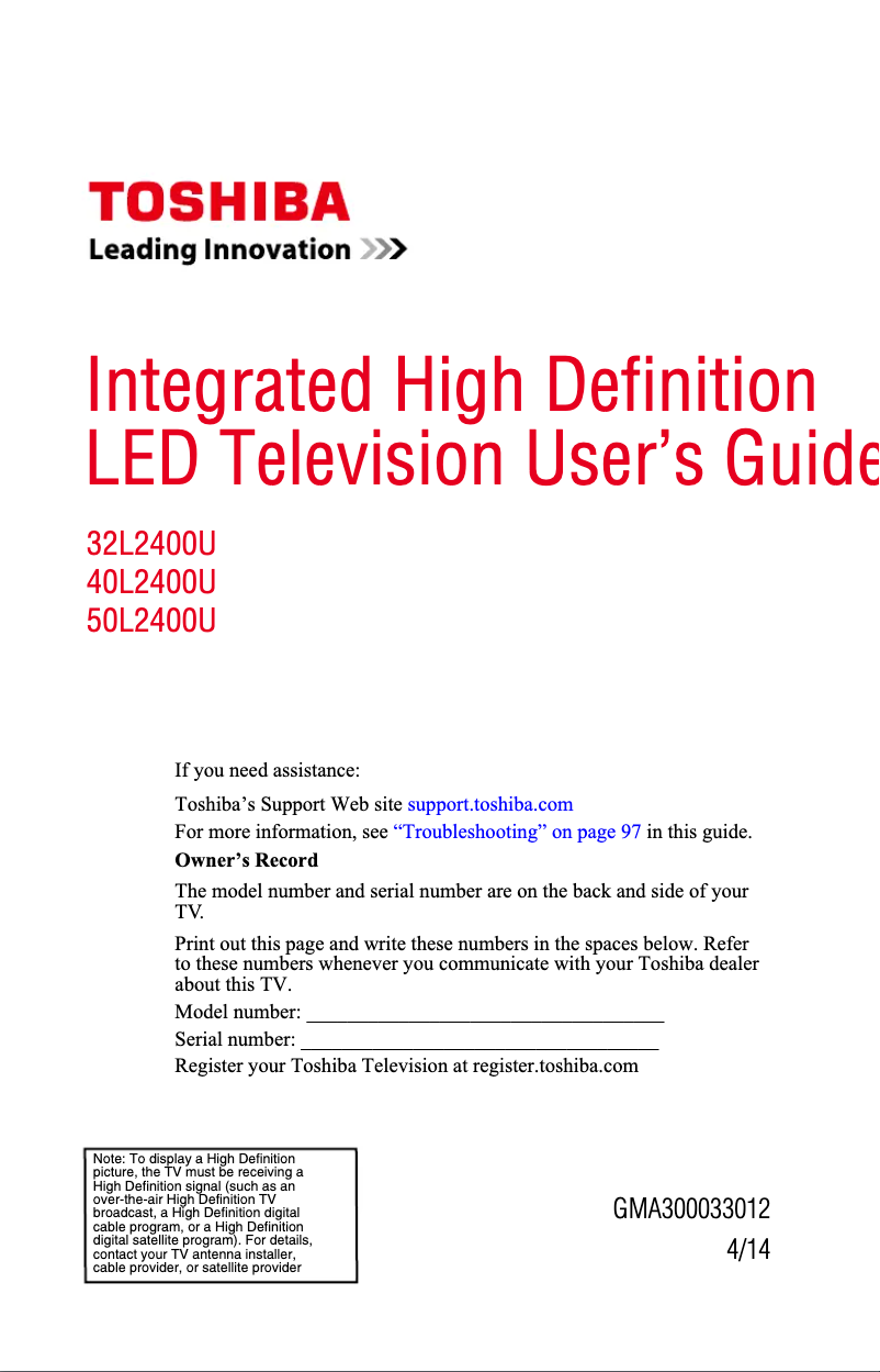 Page n°1 - Manuel utilisateur Toshiba 40L2400U
