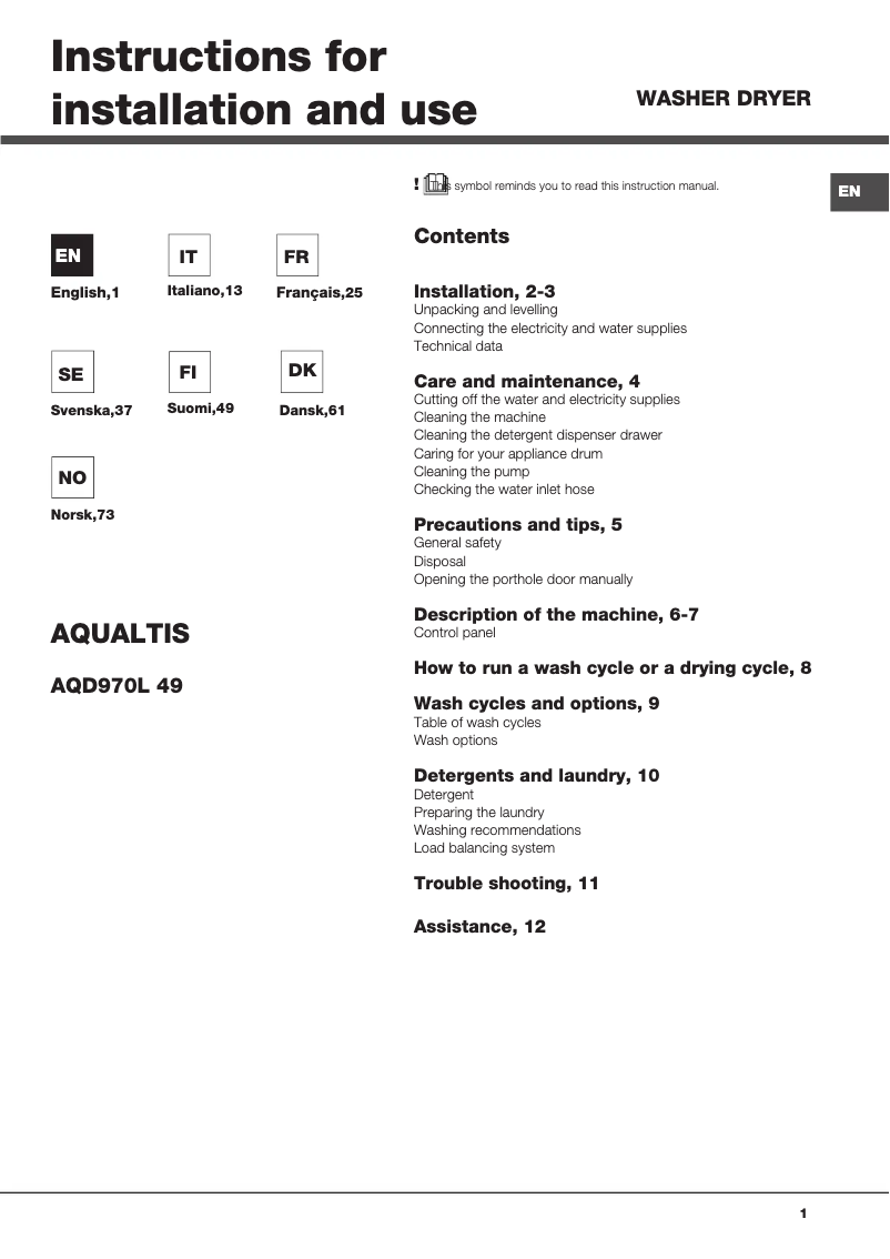 Page n°1 - Manuel utilisateur Hotpoint Ariston AQD970L 49 ЕС