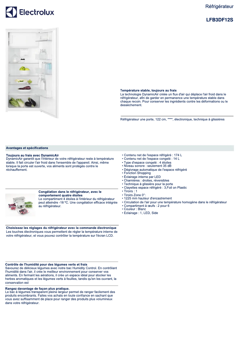 Page 1 de la notice Fiche technique Electrolux LFB3DF12S