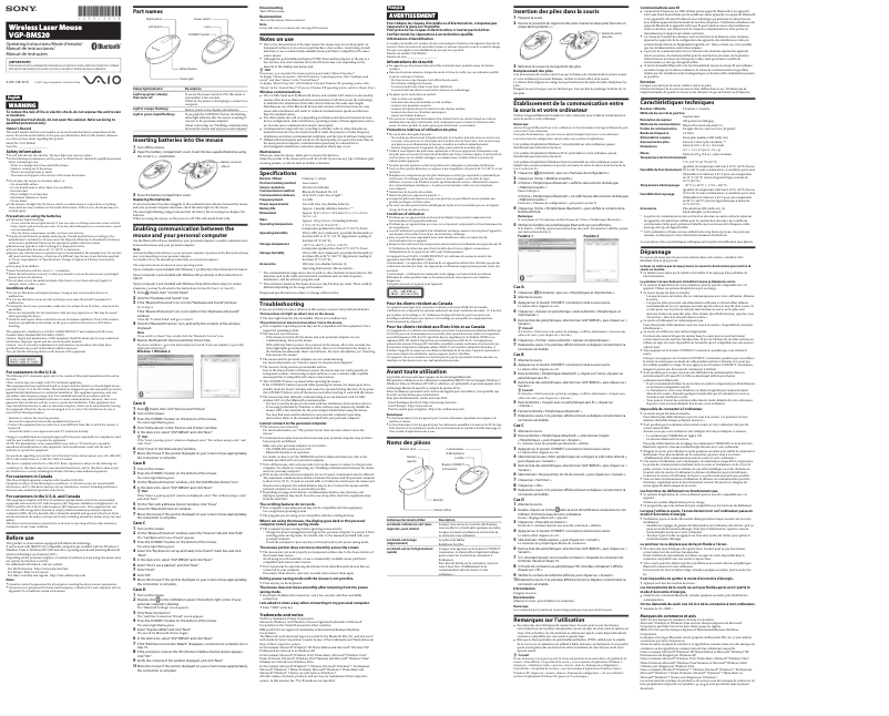 Page 1 de la notice Manuel utilisateur Sony VGP-BMS20