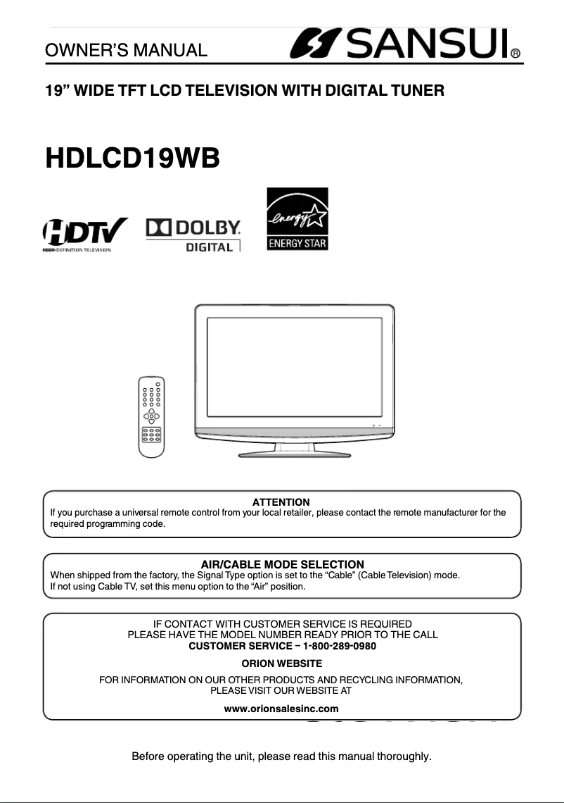 Page n°1 - Manuel utilisateur Sansui HDLCD19WB