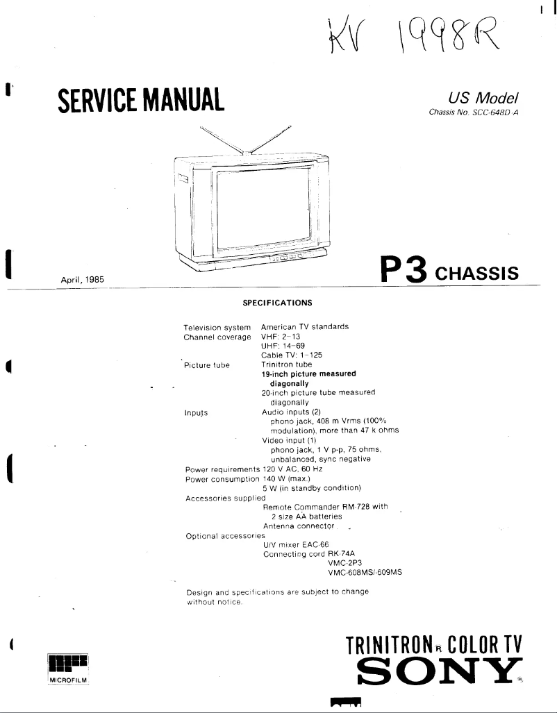 Page 1 de la notice Manuel utilisateur Sony KV-1998R