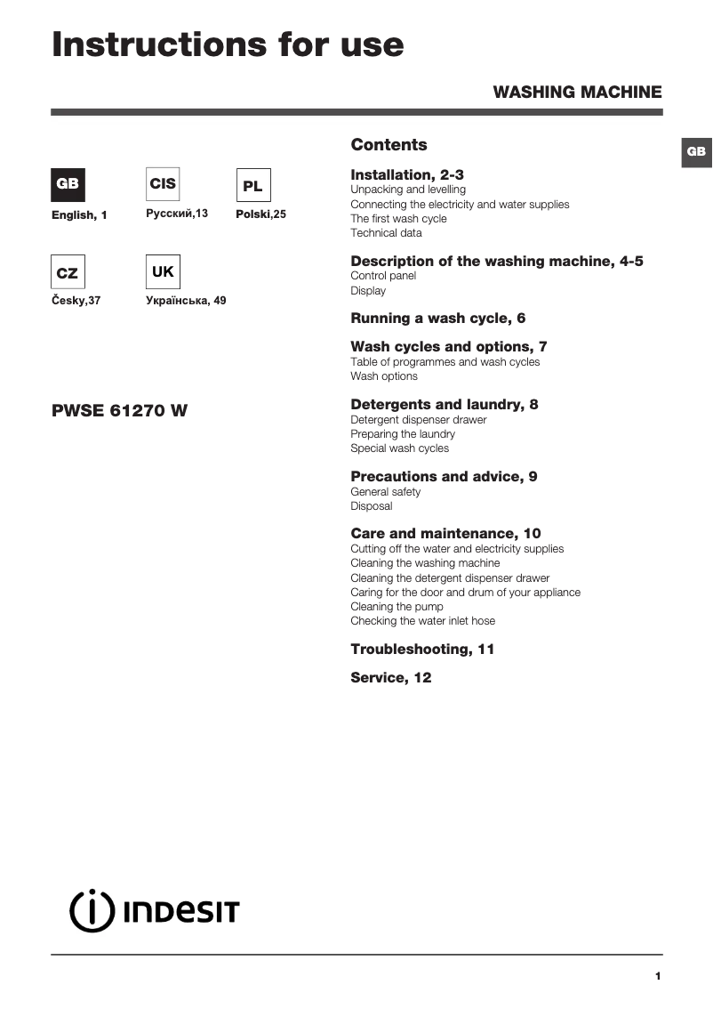 Página 1 del manual Manual de usuario Indesit PWSE 61270 W