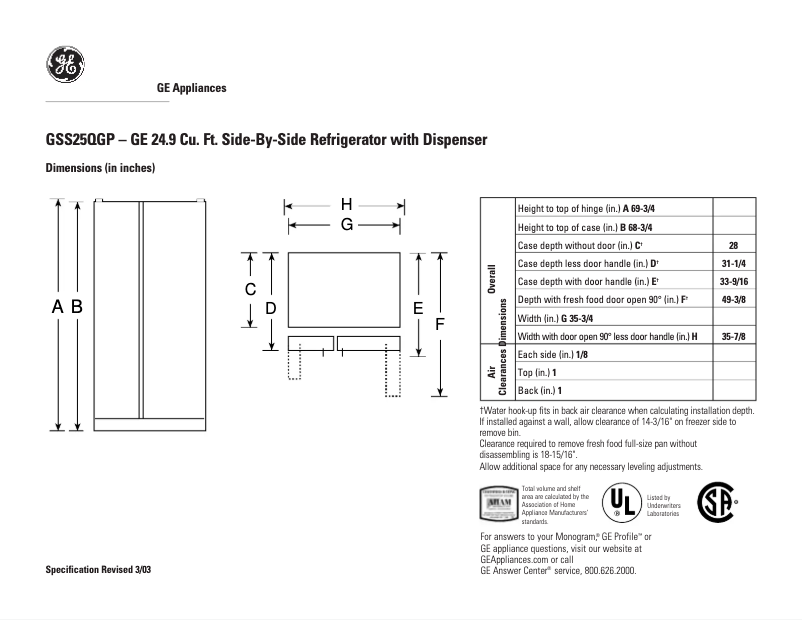 Page n°1 - Fiche technique GE GSS25QGPCC