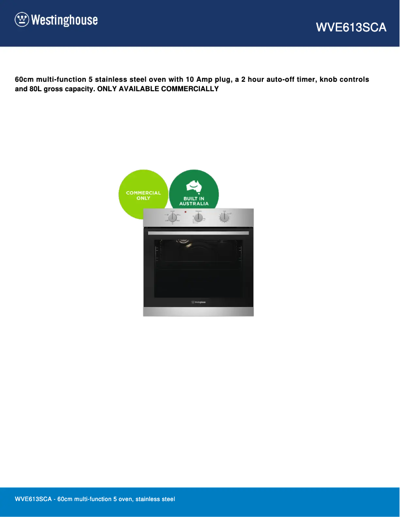 Page n°1 - Fiche technique Westinghouse WVE613SCA